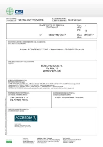 Certificato di idoneità al contatto alimentare di Epoxcover 161 S