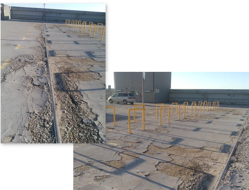 Copertura del parcheggio dell'Aeroporto di Venezia prima dell'impermeabilizzazione, con superficie degradata