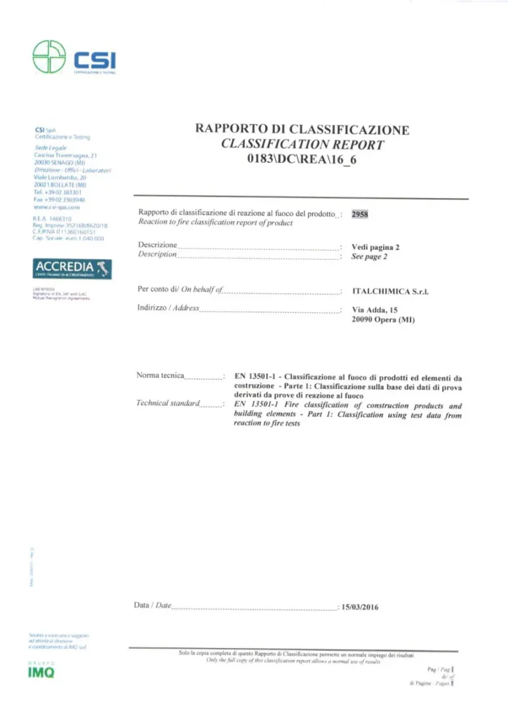 Documento: Reazione al fuoco EPOXPAV SL 35 Primer Autolivellante Finitura classe Bfl-s1